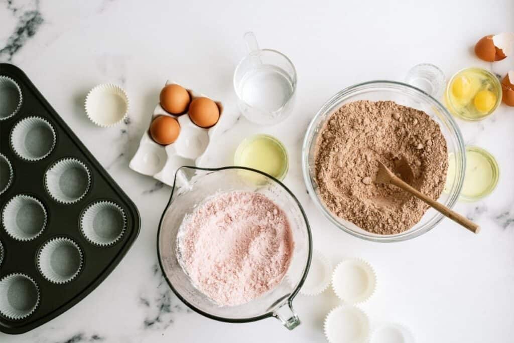 Ingredients needed to make Neapolitan Cupcakes.