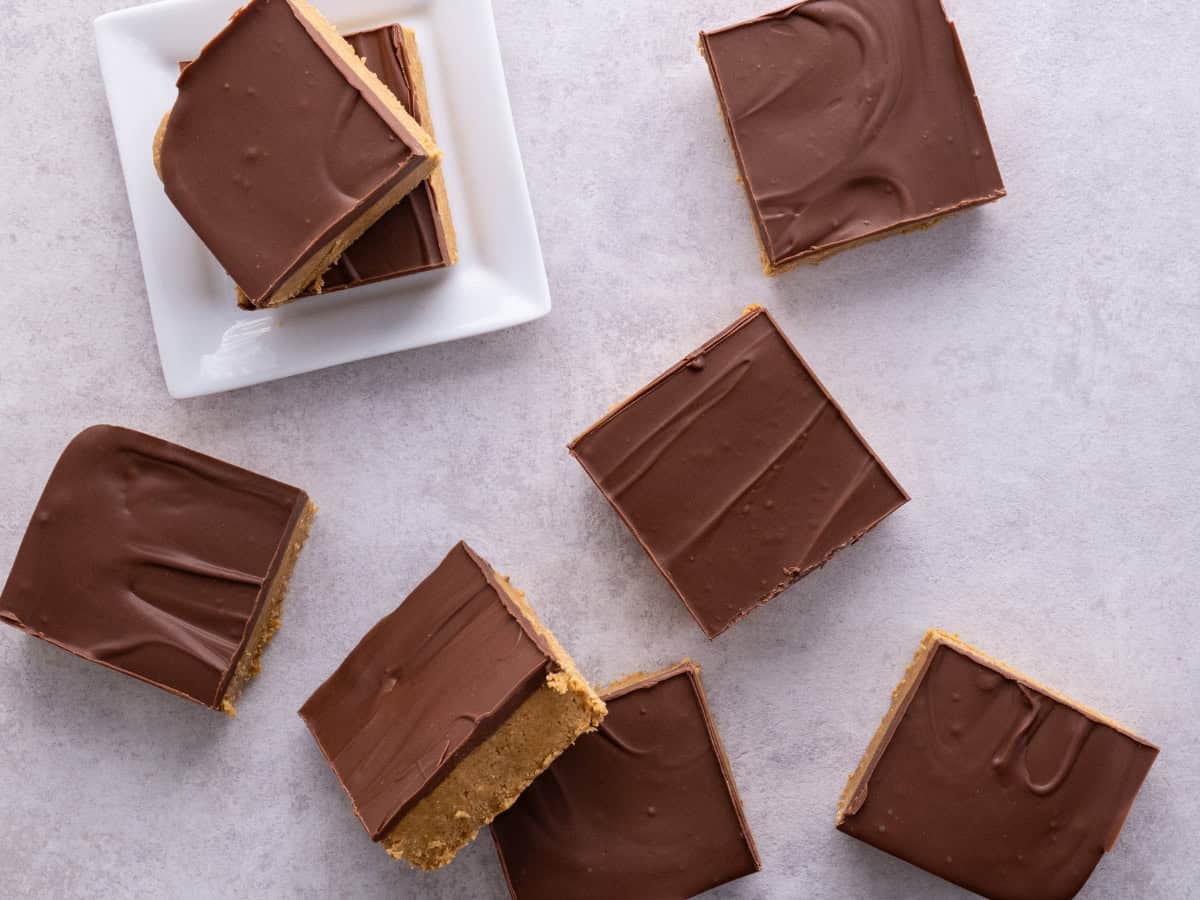 Finished and cut no bake peanut butter bars viewed from the top down on the countertop