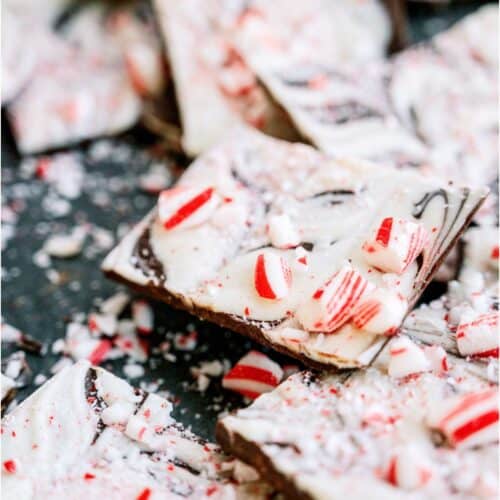 Broken pieces of Peppermint Bark.