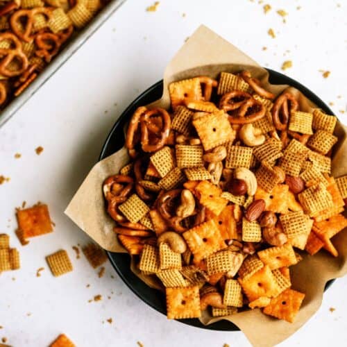 Slow Cooker Savory Chex Mix on a plate.